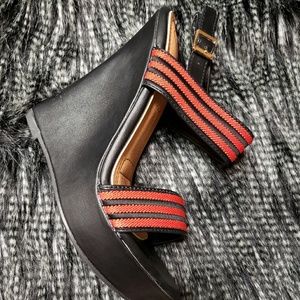 Black and Red wedge sandal, size 7.